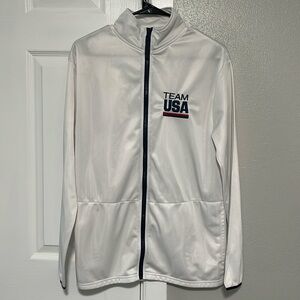 Team USA BDA Olympic Unisex White Zip Up Warm Up Jacket with Navy Trim